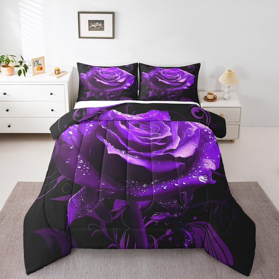 Purple Rose Comforter Set Romantic Flowers King Bedding Comforter Sets ,Boho Floral Quilt Aesthetic Plant Leaves Duvet Insert,Purple Room Decor