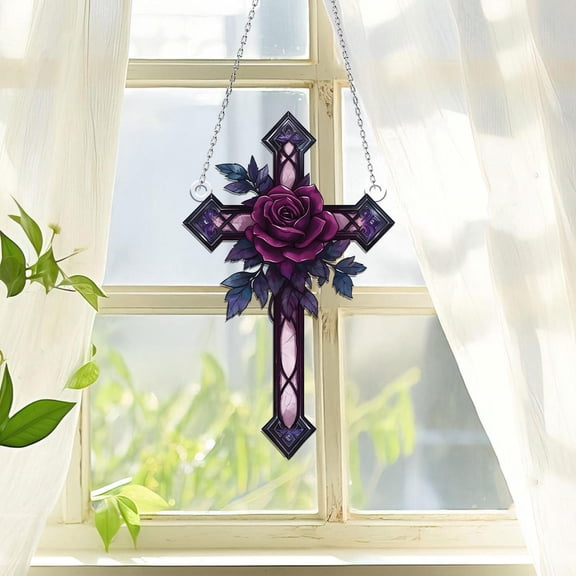 Purple Rose Cross Acrylic Suncatcher Window Hanging Floral Christian Faith Home Decor with Vines Gift for Faithful Moms Religious