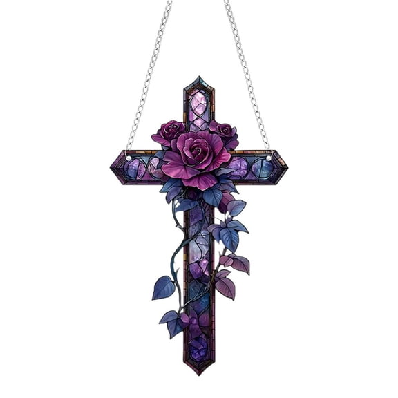 Purple Rose Cross Hanging Decor, Flat Stained Acrylic R2O0