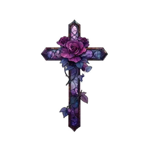 Purple Rose Cross Sun Catcher Hanging Decor, 7.9 Inch Acrylic Stained Glass Style Hanging Decor, Christian Cross Ornament with Chain for Window Home Garden