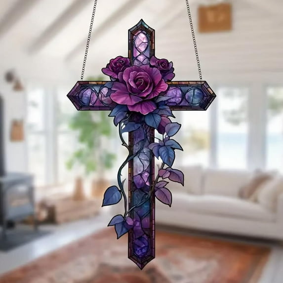 Purple Rose Cross Suncatcher Hanging Decor, 2D Flat Stained Acrylic Suncatcher, Stained Glass Hanging Decoration for Christmas, Room Aesthetic, Outdoor Garden, Yard, and Balcony Decor
