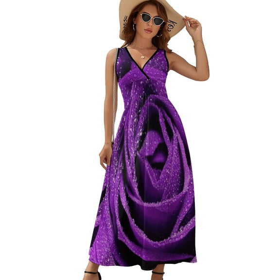 Purple Rose Dress Summer Street Style Bohemia Long Dresses Female Sleeveless Printed Maxi Dress