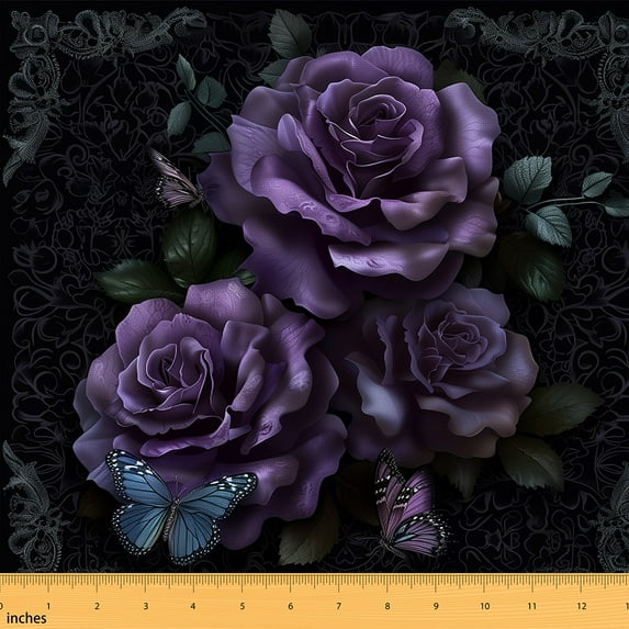 Purple Rose Fabric By The Yard,Butterflies Upholstery Fabric,Boho Floral Banquet Leaves Botanical Decorative Fabric,Romantic Women Indoor Outdoor Fabric,Black Purple Blue,2 Yards