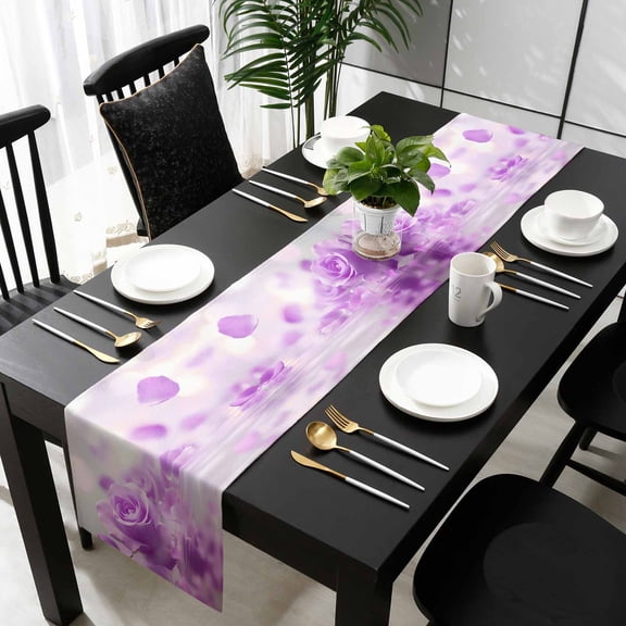 Purple Rose Fantasy Cotton Linen Small Table Runner 13 x 36 inch Elegance Floral Romantic Reflection Non-slip Rectangular Dining Table Decor for Wedding Party Holiday Dinner