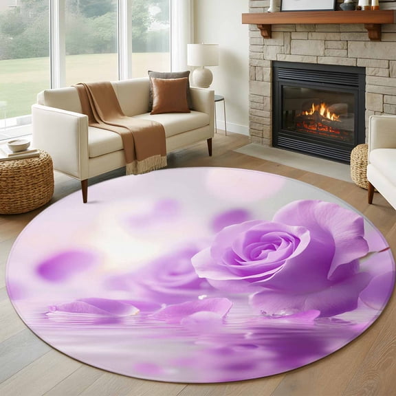 Purple Rose Fantasy Round Rug 5ft Washable Circle Kitchen Rugs Non Slip Elegance Floral Romantic Reflection Large Area Rug Indoor Floor Carpet for Bedroom Living Room Home Office Dining Room Nursery