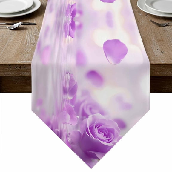 Purple Rose Fantasy Table Runner Linen Burlap Table Runner 36 Inches Small Elegance Floral Romantic Reflection Dresser Scarves for Kitchen Island Coffee Dining Party Wedding Holiday Decor 13"x36"