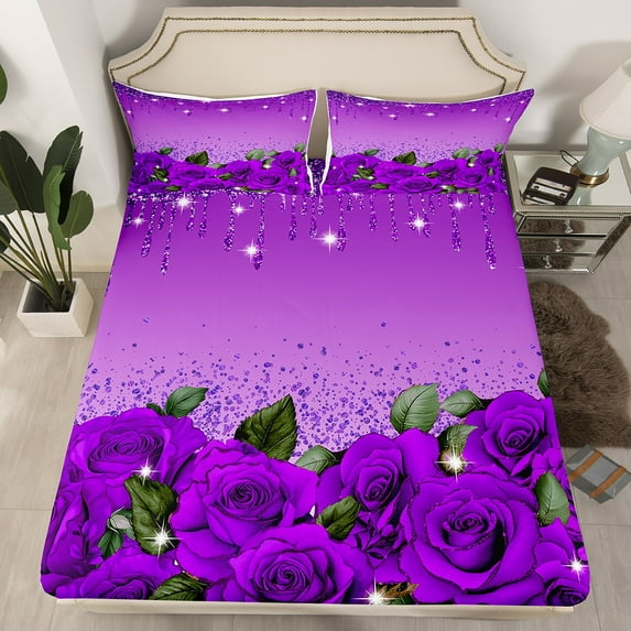 Purple Rose Fitted Sheet Diamond Crystal Fluid Art Bed Sheets,Abstract Ombre Sheets Queen Size Bed Set Romantic Garden Flowers Bedding Set,Boho Floral Bohemian Decor(No Top Sheet)