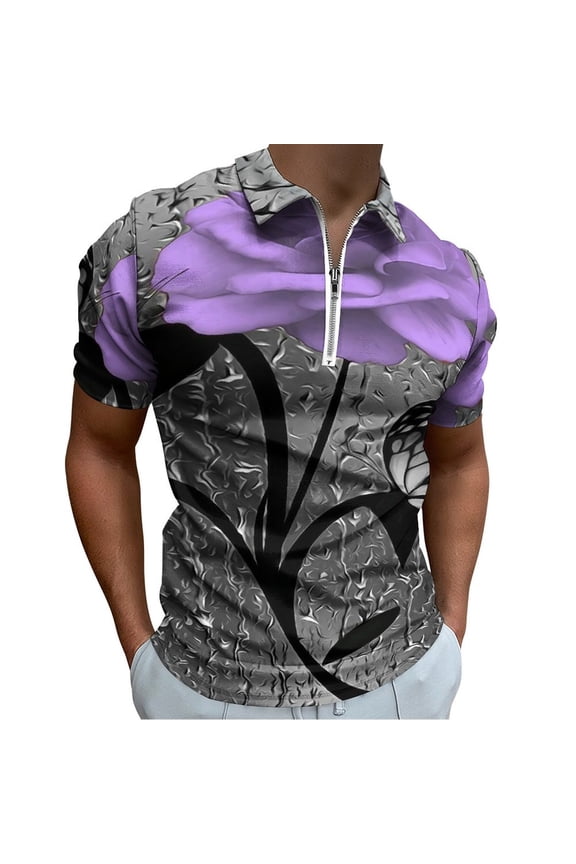 Purple Rose Floral Flowers Men Zipper T-shirt Summer Casual Short Sleeve T-shirt Top