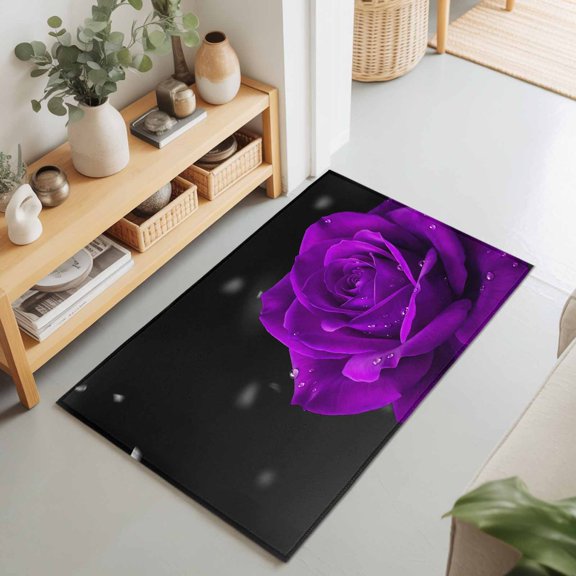 Purple Rose Flower on Black Rectangle Area Rug 2x3ft,Living Room Rug Non-Slip Washable Circle Rugs Pad,Floral Close-up Water Droplets Soft Floor Carpet for Bedroom Dining Room
