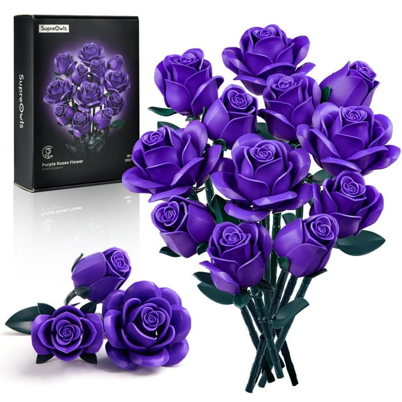 Purple Rose Bouquet Building Set, Purple Flowers for Adults Women, Botanical Collection Gift for Halloween & Valentines - Artificial Plant Gothic Home Decor