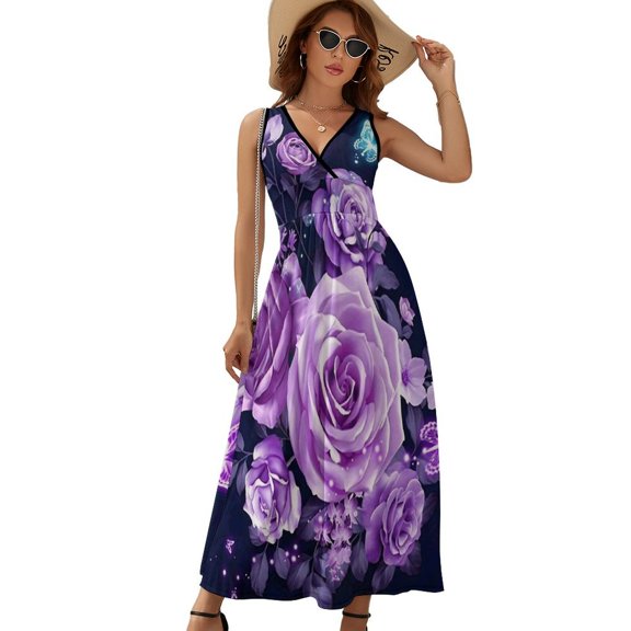 Purple Rose Flower Dress Fashion Boho Beach Long Dresses Female Party Printed Maxi Dress