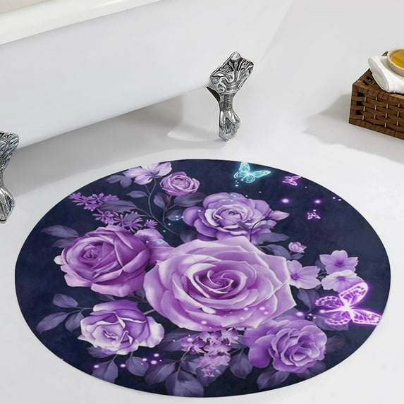 Purple Rose Flower Round Carpet Circle Rug Outdoor Patio Area Rug Washable Large Area Rugs Hallway Room Decor Fitness Mats