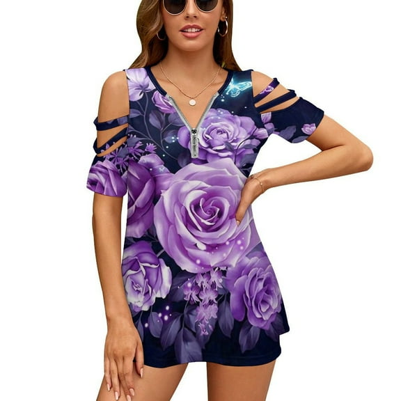 Purple Rose Flower Womens Summer V Neck Zipper Top Short Sleeve T Shirt Off Shoulder Top Casual Classy Loose Shirts