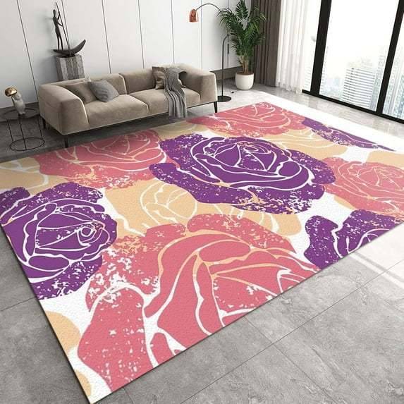 Purple Rose Flowers Area Rugs, Modern Romantic Hand-Painted Simple Anti-Slip Bedroom Rug, Large Area Rug Machine Washable Easy Cleaning Apply to Cafe Office Door Mats Porch 4x6ft