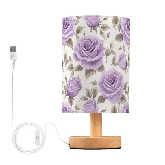 Purple Rose Flowers Bedside Table Lamp LED Warm Lights with USB Charging Port Retro Cylinder Desk Lamps