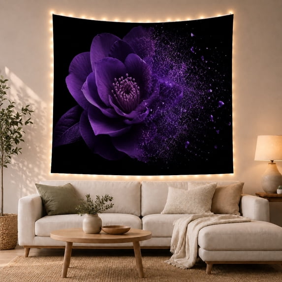 Purple Rose in Full Bloom with Disintegrating Petals Against Black Background Moody Fantasy for Art Lovers Dark Floral Wall Art Housewarming Gift Tapestry Wall Hanging for Bedroom and Living Room
