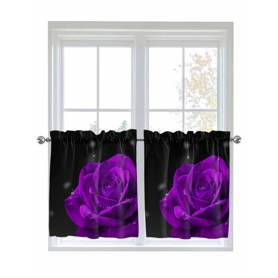Purple Rose Kitchen Curtains Tier 36 Inch Length, Abstract Spring Flowers Vintage Black Rod Pocket Light Filtering Window Curtains Living Room Bedroom Curtain Drapes Cafe Curtain 27.5''x36''x2