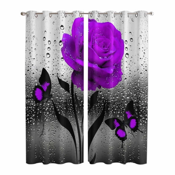 Purple Rose Kitchen Curtains Window Panels, Raindrops Floral Butterfly Abstract Grey Art Insulated Window Treatment Curtain, Grommet Curtains for Bedroom/Living Room/Bathroom, 2 Piece 42"Wx84"L
