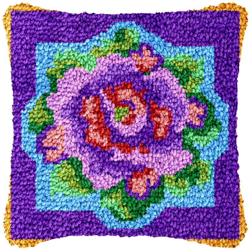 Purple Rose Latch Hook Pillow Cover Kits for DIY Handmade Throw Pillow Cross Stitch Latch Hook Pillowcase Rug Kits with Preprinted Color Pattern Canvas Crochet Yarn Kits 17''X 17''(ch233)