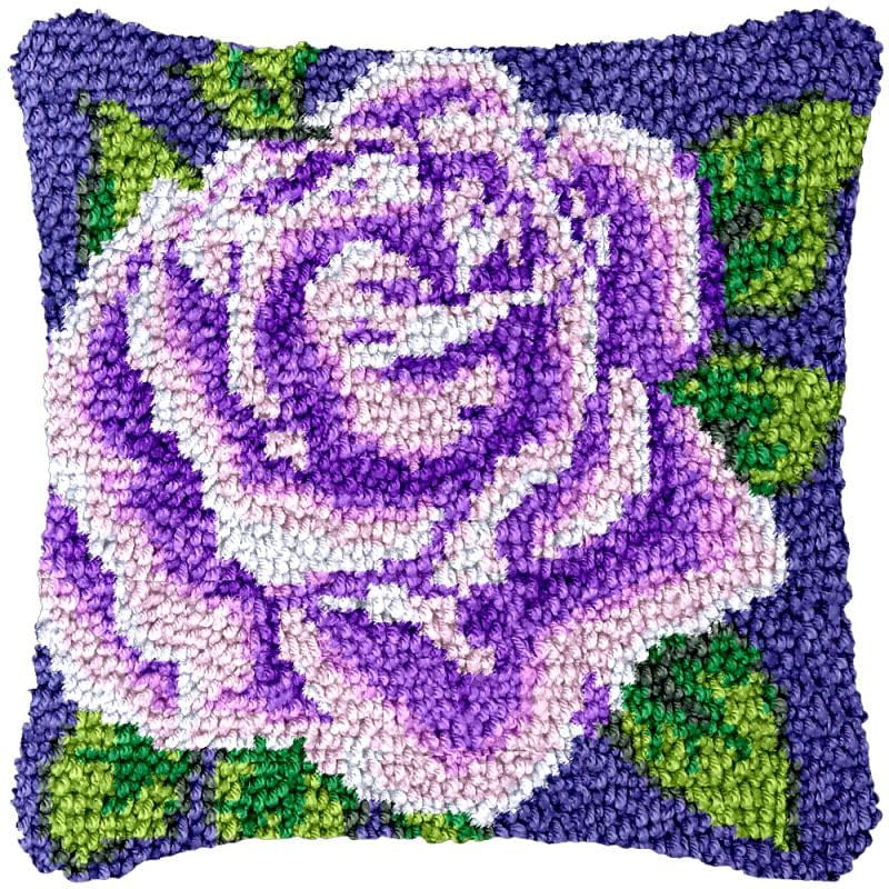Purple Rose Latch Hook Pillow Cover Kits for Needlework Cushion Throw Pillow Cross Stitch Crochet Hook Pillowcase Rug Kits Printed Canvas Crochet Yarn Kits Needlework 17'' X 17''