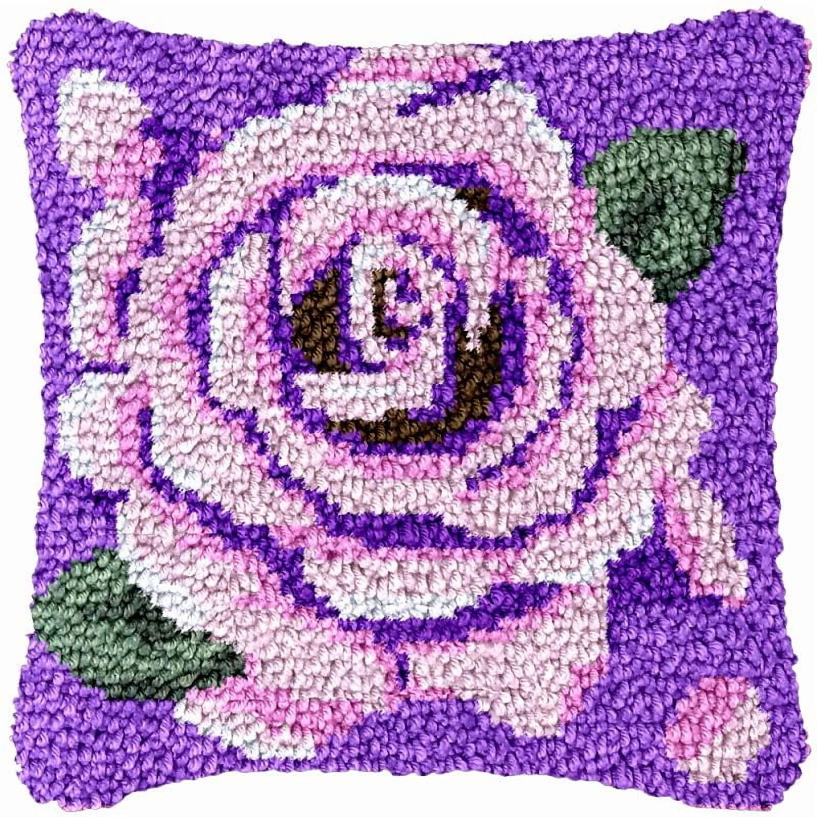 Purple Rose Latch Hook Pillowcase Kits for Adults and Starter DIY Cushion Latch Hooking Make Rug Kits with Preprinted Canvas Crochet Yarn Kits Needlework Crafts 17'' X 17''