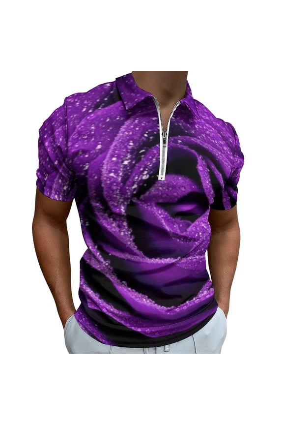 Purple Rose Men Zipper T-shirt Summer Casual Short Sleeve T-shirt Top