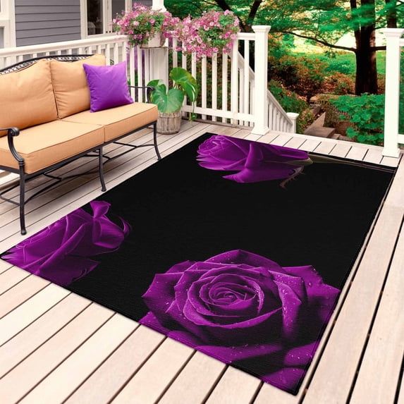 Purple Rose Outdoor Rug for Patio/Deck/Porch, Non-Slip Large Area Rug 4 x 6 Ft, Vintage Abstract Garden Flower Floral Black Indoor Outdoor Rugs Washable Area Rugs, Camping Rug Carpet Runner