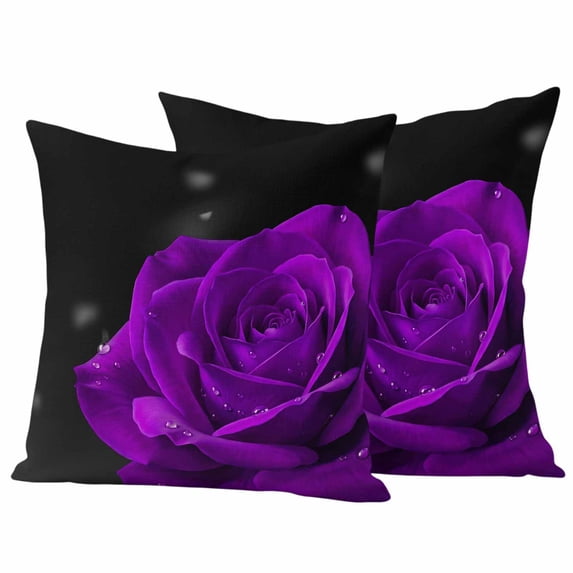 Purple Rose Outdoor Waterproof Pillow Covers, Abstract Spring Flowers Vintage Black Decorative Square Throw Pillowcase Sofa Cushion Sham for Patio/Couch/Chair, 20"x20" 2 Pack