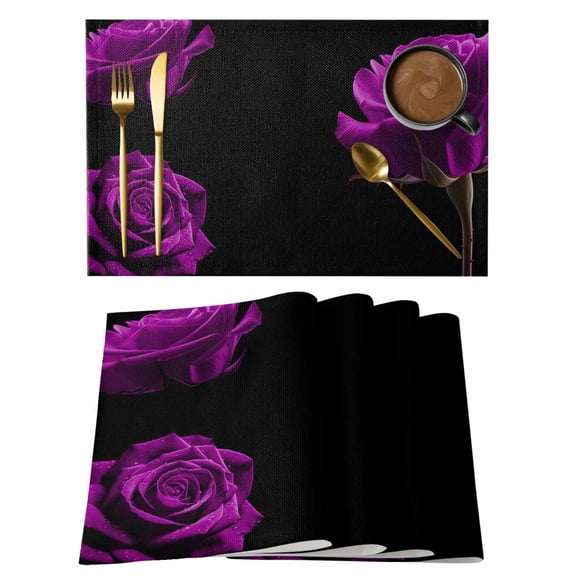 Purple Rose Placemats Set of 12 Vintage Abstract Garden Flower Floral Black Place Mats Indoor Wipeable Table Mats Washable Cloth Dining Table Placemats for Kitchen Holiday Party Home Decor 13x19 Inch