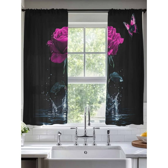 Purple Rose Sheer Curtains 72 Inches Long 2 Panels Butterfly Splash Light Filtering Semi Sheer Window Curtains Drapes for Bedroom Living Room 52"x72"