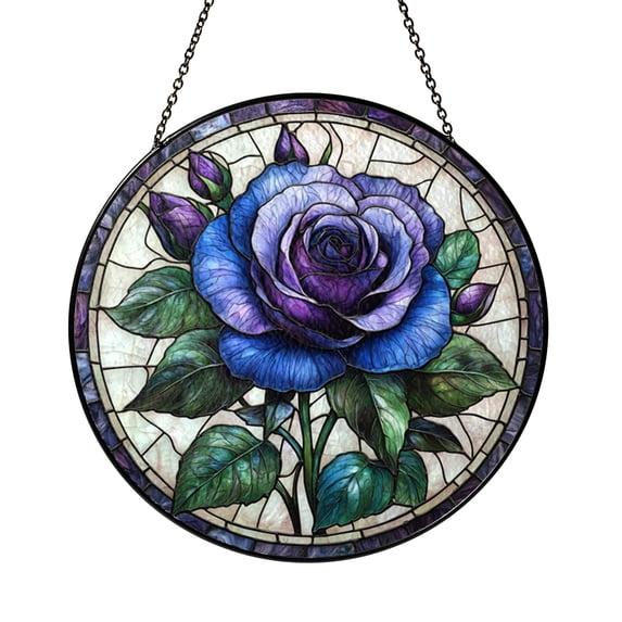 Purple Rose Stained Glass Suncatcher – Round Floral Window Panel ...