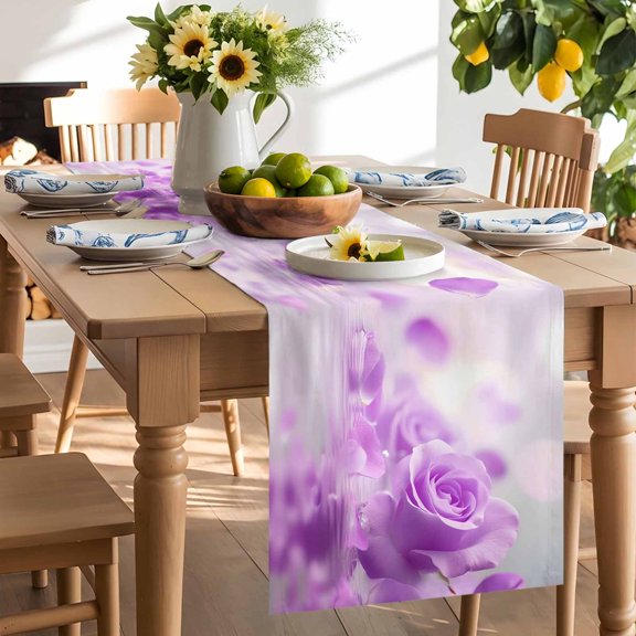 Purple Rose Table Runner, Floral Reflection Washable Kitchen Table Runners Dress Scarves for Dining Table Decorations Party/Restaurant/Indoor Outdoor Use, 13x36in