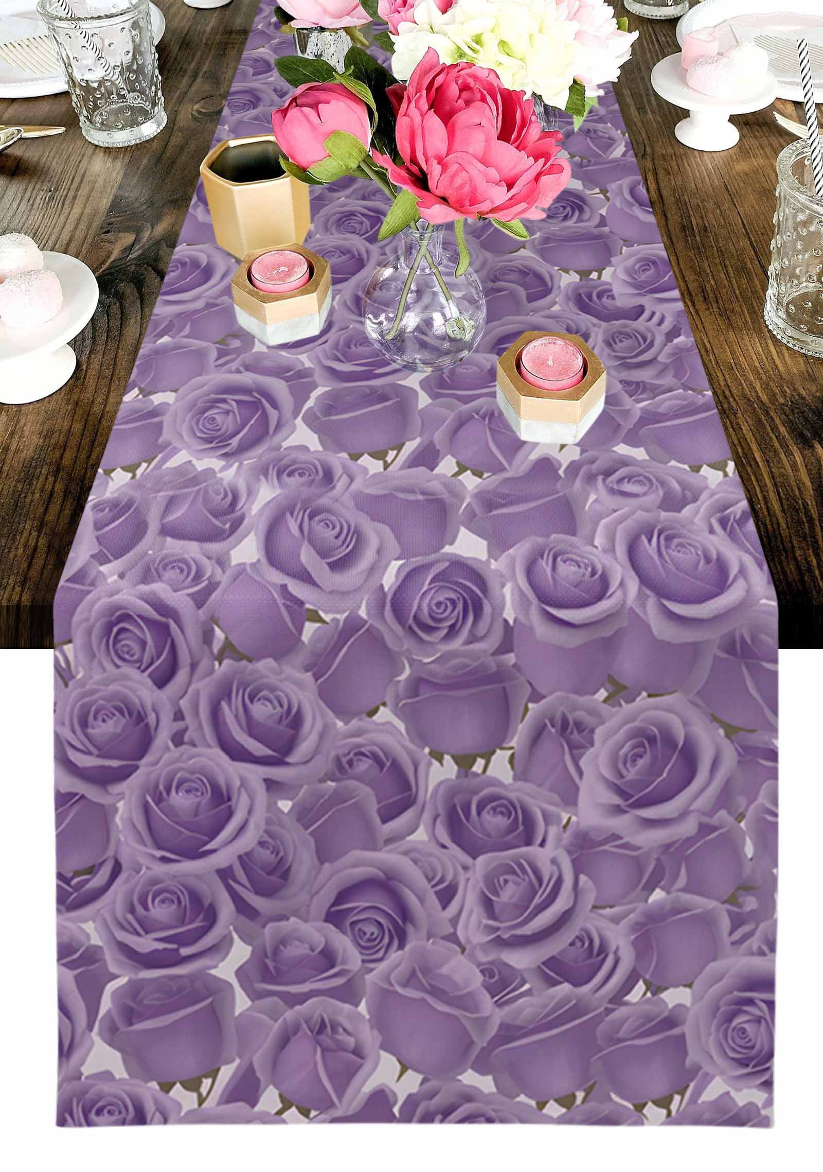 Purple Rose Table Runner, Valentine's Day Washable Cotton-linen Table Runners Dining Kitchen Decoration for Everyday Home Wedding Party Decor, 13 x 120 Inch