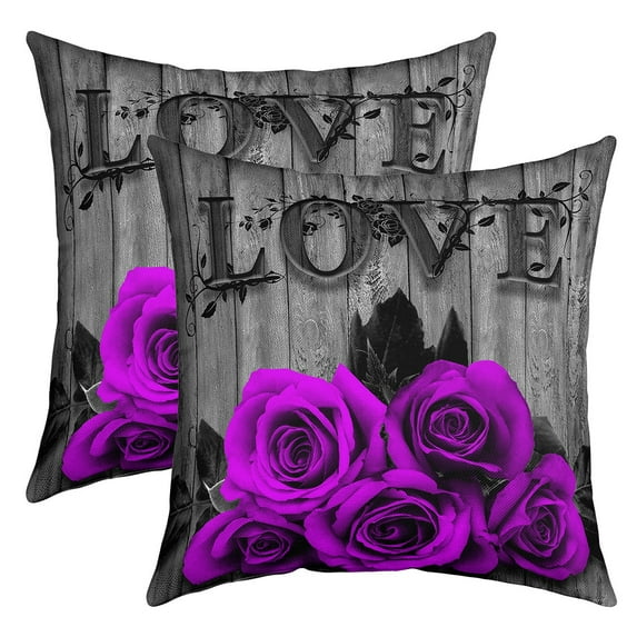 Purple Rose Throw Pillow Covers 20x20 inch set of 2 Purple Black Romantic Floral Cushion Cases Women Valentine'S Day Flower Square Pillow Cases Retro Rustic Farmhouse Rose Cushion Covers