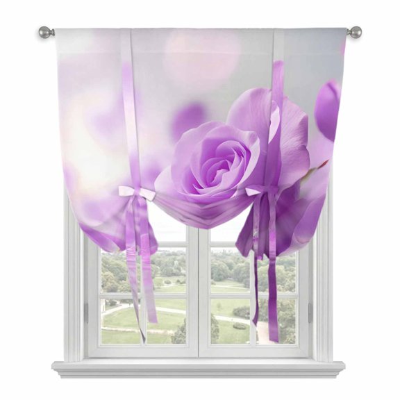 Purple Rose Tie Up Curtain for Window, Floral Reflection Adjustable Tie Up Balloon Curtain Valances Rod Pocket Window Treatment for Kitchen Bathroom Bedroom 42"x45"