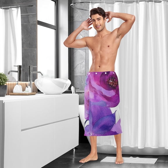 Purple Rose Watercolor Men Bath Towel Adjustable Body Wrap for Sauna Spa Gym Shower After Soft Cover Up