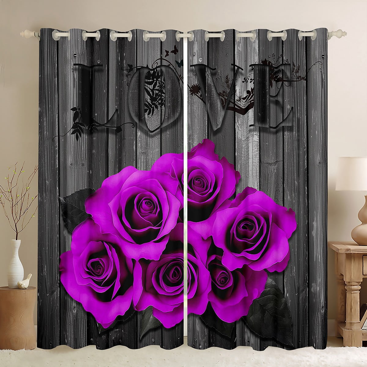 Purple Rose Window Curtains 42"Wx90"L Purple Black Romantic Floral Blackout Curtains Women Valentine'S Day Flower Window Curtains Retro Rustic Farmhouse Rose Window Treatments 2 Panels