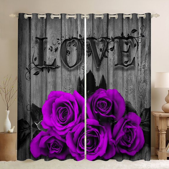 Purple Rose Window Curtains 52"Wx84"L Purple Black Romantic Floral 30%-50% Blackout Curtains Women Valentine'S Day Flower Window Curtains Retro Rustic Farmhouse Rose Window Treatments 2 Panels