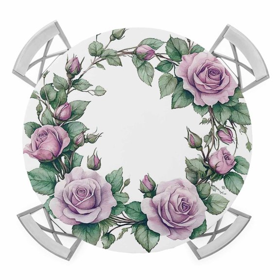 Purple Rose Wreath Elastic Fitted Round Table Cover Leaf Plant Waterproof Outdoor Tablecloth for Holiday Party, Picnic, Patio & Dining Fits Tables Up to 45"-54"