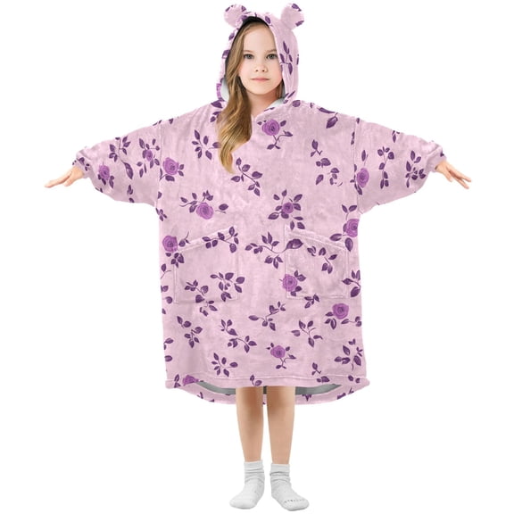 Purple Rosebuds Leaves Flannel Wearable Blankets Hooded Design Long Sleeves Wrap Unisex for 3T-14Y S