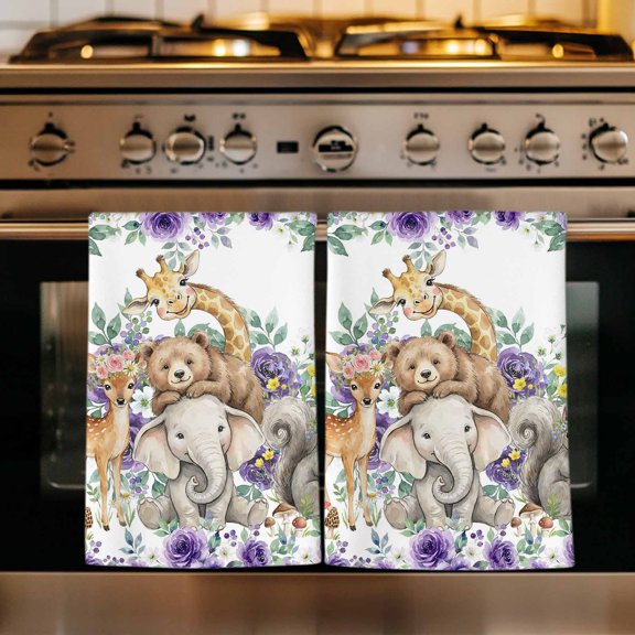 Purple Roses Animals Kitchen Towels Set of 1, Spring Floral Elk Elephants Elegant Pastoral Absorbent Dish Towels for Kitchen, Microfiber Hand Towel, Quick Drying Tea Towel for Cleaning Dishcloths