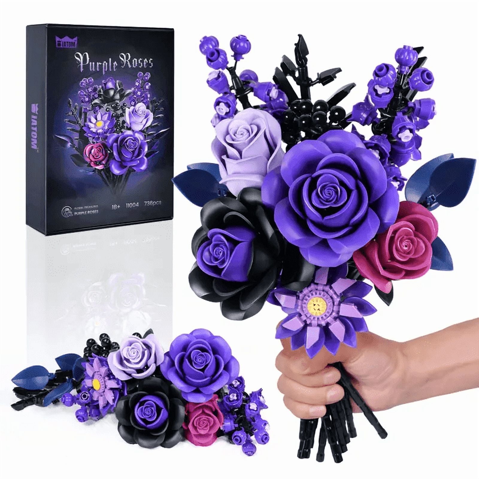 Purple Roses Building Blocks Set - Compatible Flowers, Gothic Home Decor, for Women & Teen Girls, Making It an Ideal Gift for Halloween, Valentine's Day