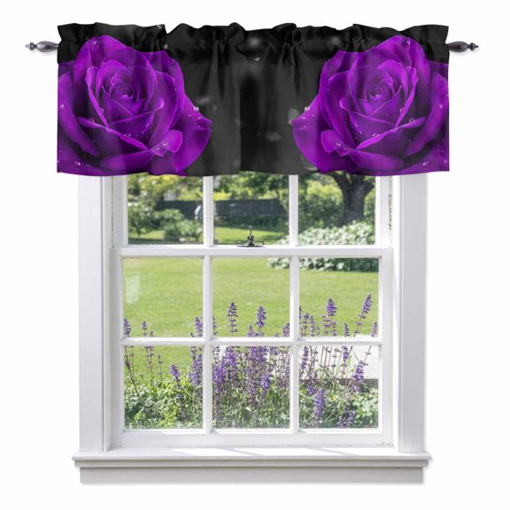 Purple Roses Valance Curtain Flower with Water Droplets Retro Window Valances Rod Pocket Short Curtains Window Treatments for Kitchen Bedroom Bathroom Laundry 42" x 12"
