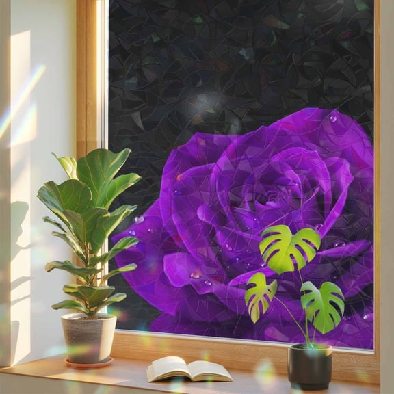 Purple Roses Window Privacy Film, Flower with Water Droplets Retro Stained Glass Rainbow Film Decorative Window Clings, Static Cling Sun Blocking Stickers 17.7" x 39.3"