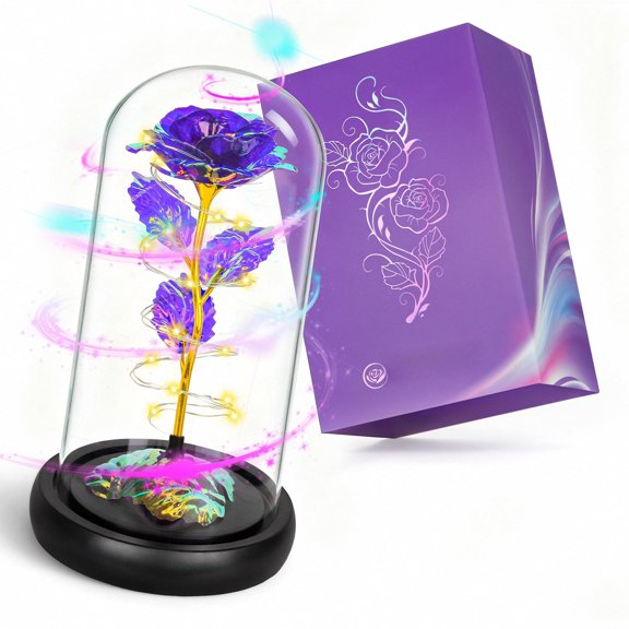Purple Rotating Light Up Rose in Glass Dome Decorative Figurine