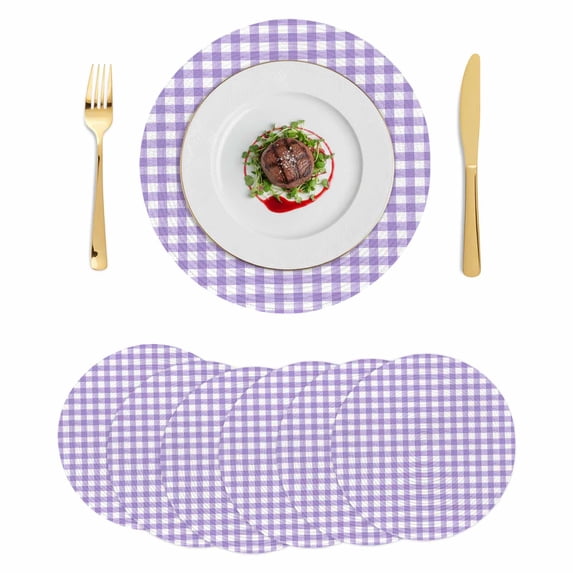 Purple Round 13 Inch Placemats Set of 6, Country French Rustic Buffalo Plaid Modern Art HeatResistant Non Slip Place Mats for Dining Table, Wipeable Braided Kitchen Table Mats for Housewarming