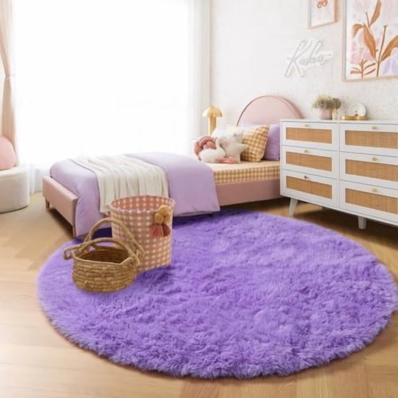 Purple Round Circle Rugs 6Ft for Girls Bedroom Decor Aesthetic, Large Fluffy Fuzzy Area Rugs for Kids Room, Soft Cute Furry Plush Shaggy Lavender Carpet for Living Room, Baby Nursery, Dorm