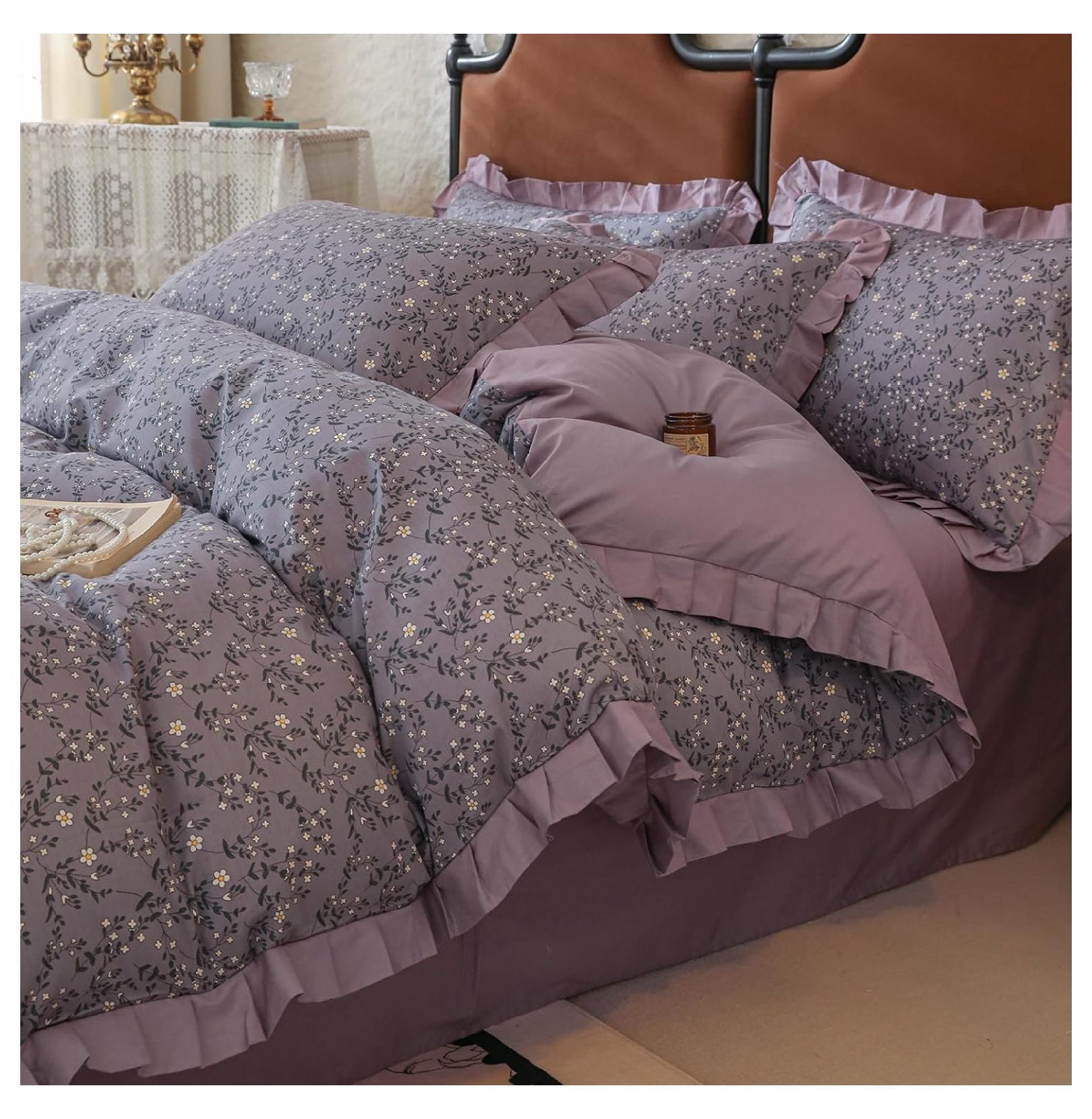 Purple Ruffle Duvet Cover Twin 3 Pieces Cute Flower Duvet Cover Girls ...