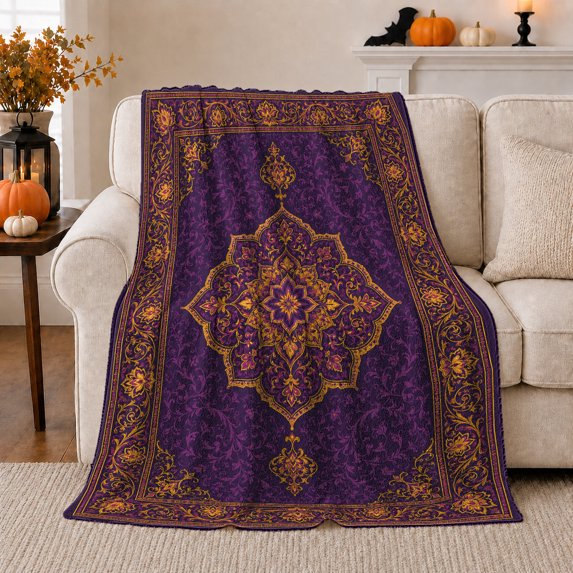 Purple Rug Medallion with Decorative Border, Regal Boho Style for Pattern Lovers, Gold Diamond Center and Wedding Gift, Cozy Flannel Blanket for Bedroom and Living Room, Boho Home Decor