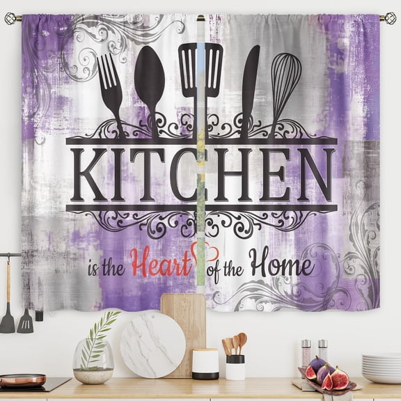 Purple Rustic Kitchen Curtains Short Small Farm Country Modern Fork and Spoon Kitchenware Farmhouse Rod Pocket for Women Female Bedroom Living Room Treatment Fabric 2 Panels 27.5Wx39H Inch